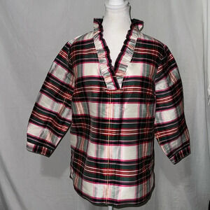 NWT Crown & Ivy plaid ivory ruffle neck top size large